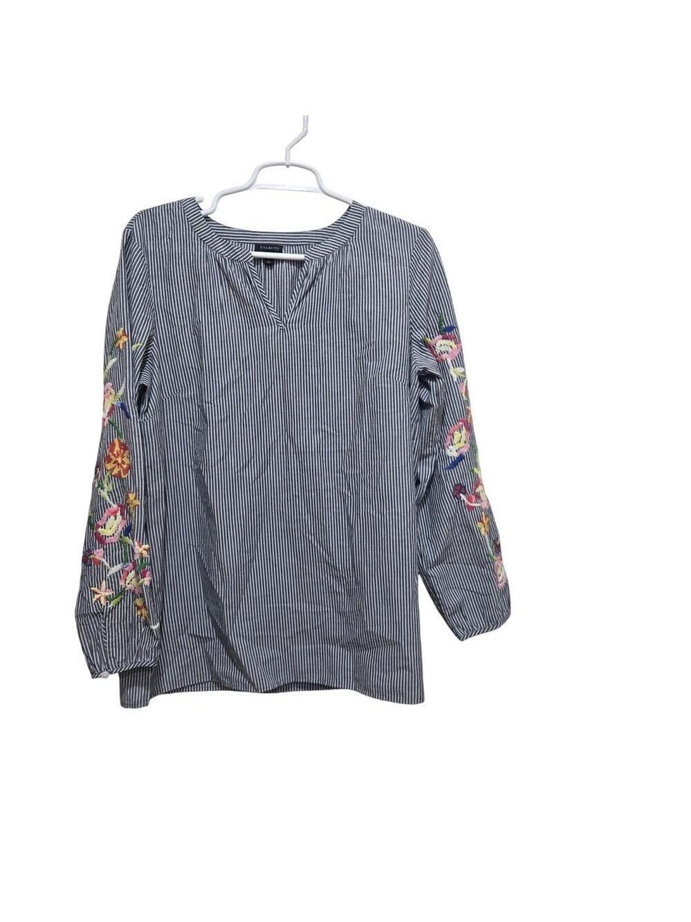 Talbots Embroidered Sleeve Stripe Blouse Medium Cotton Split Neck